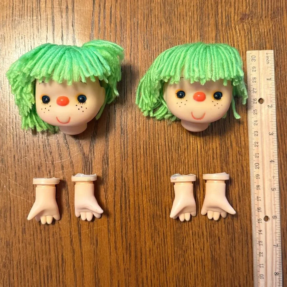 Vintage Mitzy Yarn Hair Freckled Doll Heads and Hands Set of Two New Old Stock